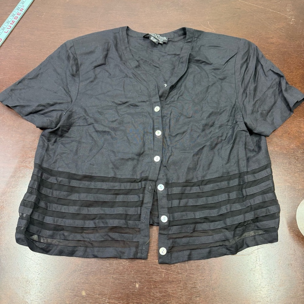 Women's Black Short-Sleeve Button Down Shirt with Sheer Stripe Hem